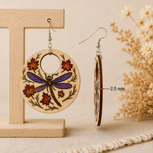 Cargar imagen en el visor de la galería, Side view of Autumn Wings wooden earrings showing the 2.5 mm wood thickness.