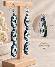Cargar imagen en el visor de la galería, Side view of Frozen Sky layered wooden snowflake earrings showing 2 mm wood thickness and lightweight construction