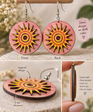 Cargar imagen en el visor de la galería, Front, back, angled, and side views of Sunheart wooden earrings showing the same design on both sides, layered construction, and 2 mm wood thickness