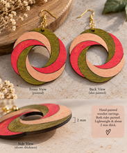 Cargar imagen en el visor de la galería, Front, back and side views of SunTwist Joy wooden earrings showing double-sided hand-painted color and approximately 2 mm thickness