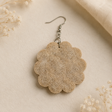 Cargar imagen en el visor de la galería, Back view of a Blue Blossom embroidered wooden earring showing the beige felt backing and silver hook.
