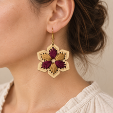 Cargar imagen en el visor de la galería, Model wearing lightweight hand-embroidered floral wooden earring in burgundy and warm camel
