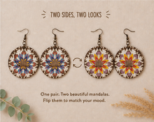 Cargar imagen en el visor de la galería, Reversible mandala wooden earrings showing both different mandala designs, one on each side.
